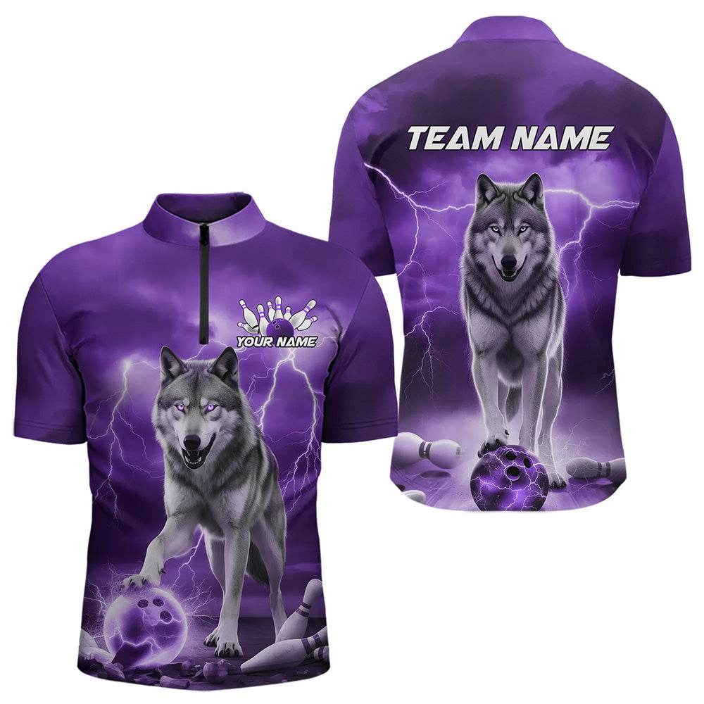 Purple Thunder Lightning Custom Wolf Bowling Quarter-Zip Shirts For Men, Wolf Bowling Team Shirt IPHW8426