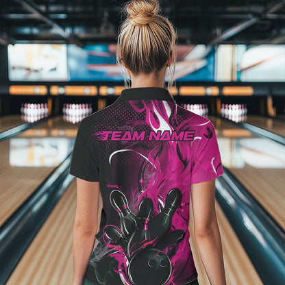 Black And Pink Custom Flame Bowling Polo Shirts For Women, Fire Bowling League Team Shirt IPHW8630
