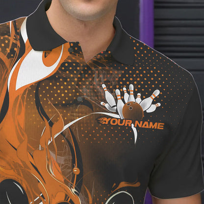 Black And Orange Custom Flame Bowling Polo Shirts For Men, Fire Bowling League Team Shirt IPHW8631