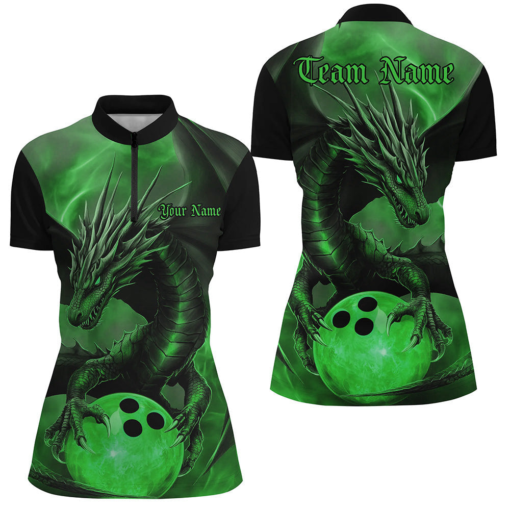 Black And Green Custom Dragon Bowling Quarter-Zip Shirts For Women, Bowling League Shirt IPHW8644