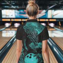 Load image into Gallery viewer, Black And Turquoise Blue Custom Dragon Bowling Womens Polo Shirts, Bowling League Shirt IPHW8645