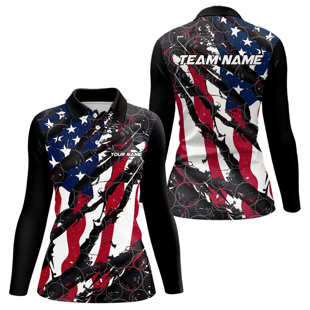 American Flag Custom US Bowling Team Long Sleeve Polo Shirts For Women, Patriotic Bowling IPHW6485