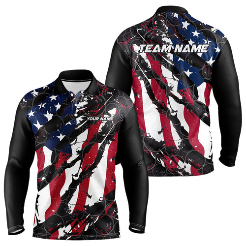 American Flag Custom US Bowling Team Long Sleeve Polo Shirts For Men, Patriotic Bowling Team Jerseys IPHW6485
