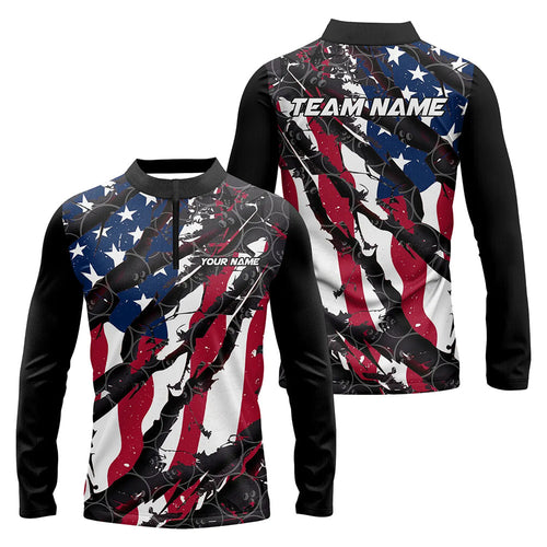 American Flag Custom US Bowling Team Men Long Sleeve Quarter-Zip Shirts, Patriotic Bowling Jerseys IPHW6485