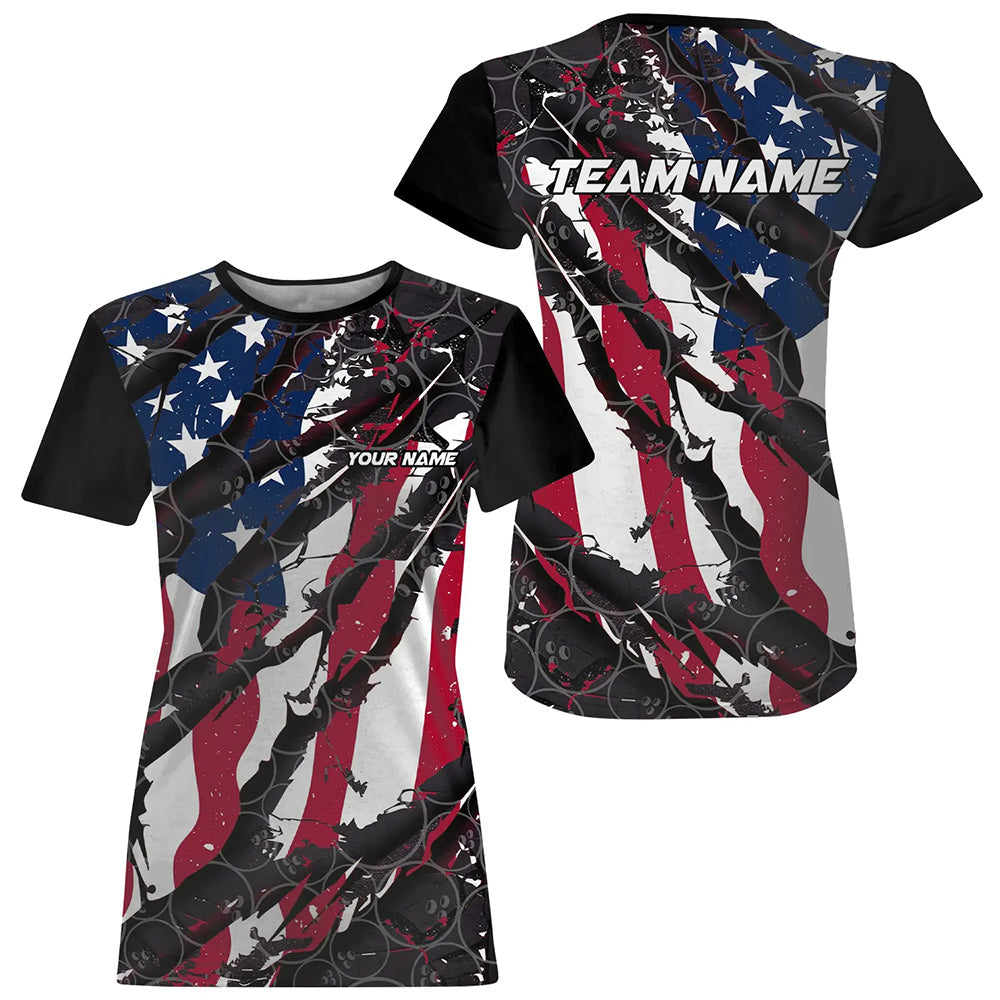 American Flag Custom US Bowling Team T-Shirts For Women, Patriotic Bowling Team Jerseys IPHW6485