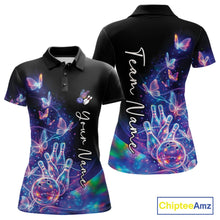 Load image into Gallery viewer, Front and back mockup of a womens black bowling polo with a starry galaxy background, glowing neon swirls, and hologram butterfly graphics