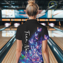 Load image into Gallery viewer, Female model in a black bowling quarter zip with starry galaxy artwork, neon swirls, and hologram butterflies, back view