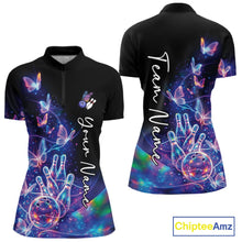 Load image into Gallery viewer, Front and back mockup of a women's black bowling quarter zip showcasing starry galaxy graphics, neon swirls, and hologram butterflies