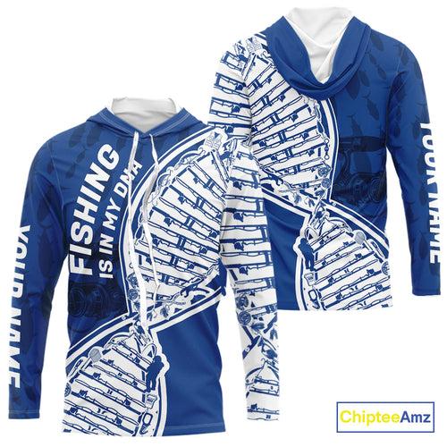 Blue And White Fishing Is In My DNA Custom Long Sleeve Hooded Fishing Shirts, Fishing Tools DNA IPHW9172