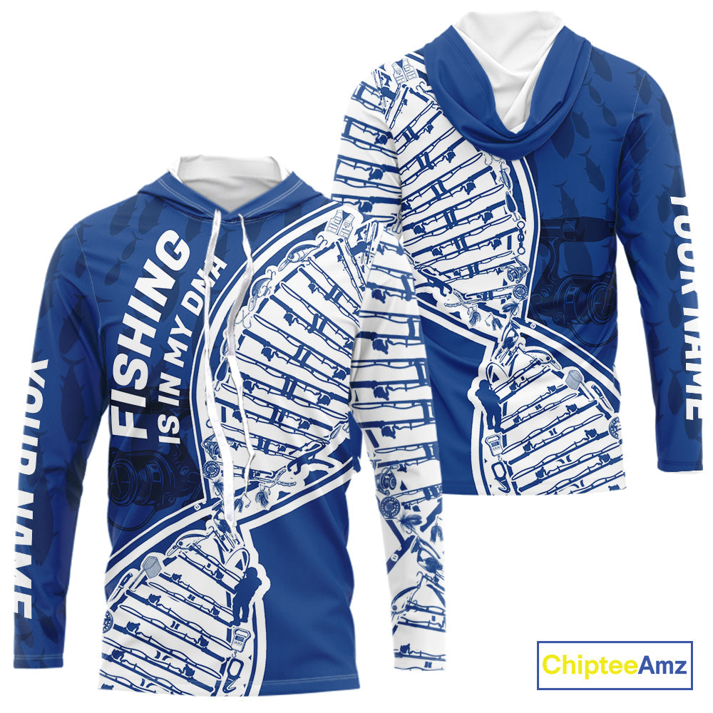 Blue And White Fishing Is In My DNA Custom Long Sleeve Hooded Fishing Shirts, Fishing Tools DNA IPHW9172