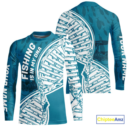 Aqua Blue Fishing Is In My DNA Custom Kid Long Sleeve Fishing Shirts, Fishing Tools DNA IPHW9173
