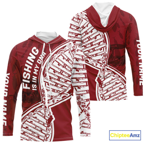 Red And White Fishing Is In My DNA Custom Long Sleeve Hooded Fishing Shirts, Fishing Tools DNA IPHW9174