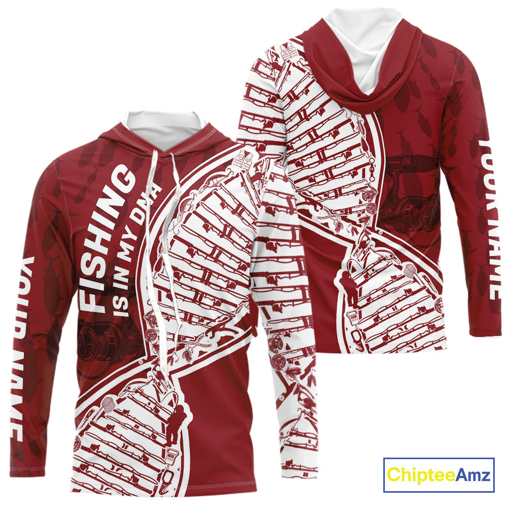 Red And White Fishing Is In My DNA Custom Long Sleeve Hooded Fishing Shirts, Fishing Tools DNA IPHW9174