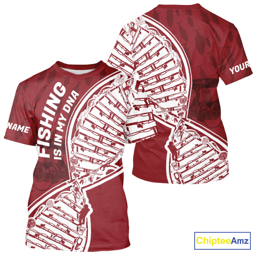 Red And White Fishing Is In My DNA Custom Fishing T-Shirts, Fishing Tools DNA IPHW9174
