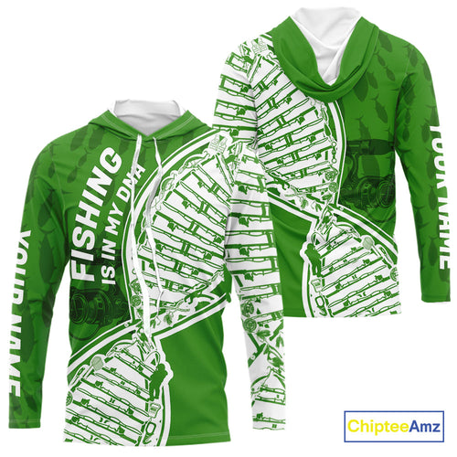 Green And White Fishing Is In My DNA Custom Long Sleeve Hooded Fishing Shirts, Fishing Tools DNA IPHW9175
