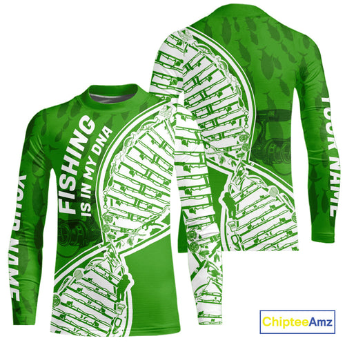 Green And White Fishing Is In My DNA Custom Kid Long Sleeve Fishing Shirts, Fishing Tools DNA IPHW9175