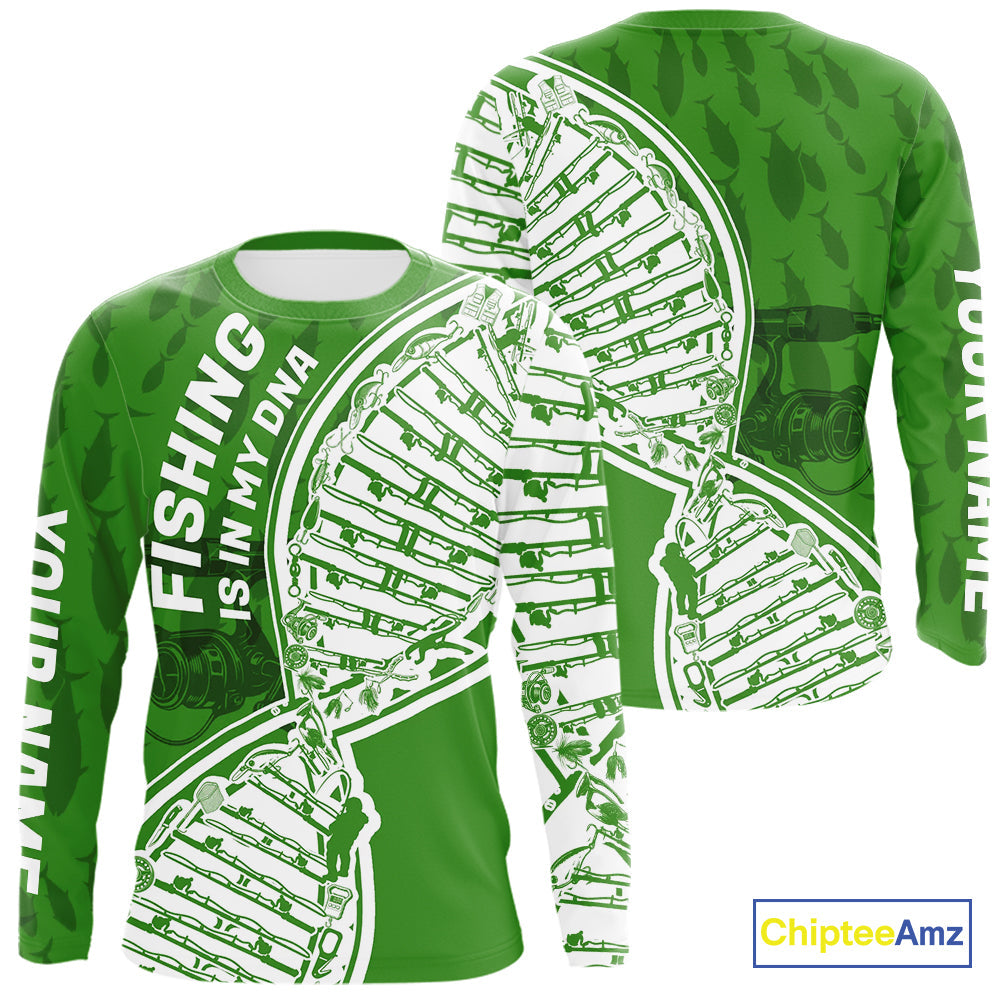 Green And White Fishing Is In My DNA Custom Long Sleeve Fishing Shirts, Fishing Tools DNA IPHW9175