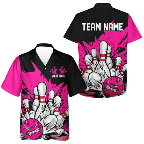 Black And Pink Custom Funny Bowling Men And Women Hawaiian Shirts, Angry Bowling Ball Team Uniform IPHW7533