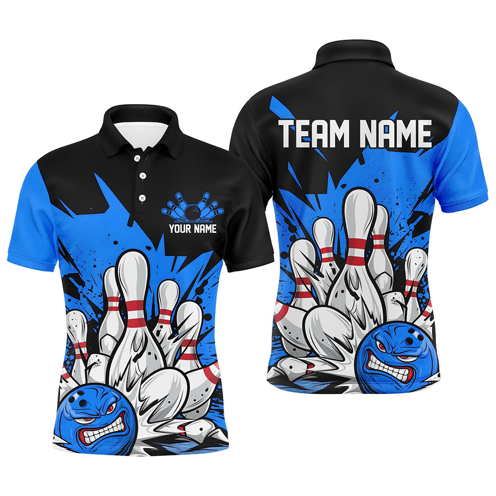 Black And Blue Custom Funny Bowling Shirts For Men, Angry Bowling Ball Bowling Team Uniform IPHW7535