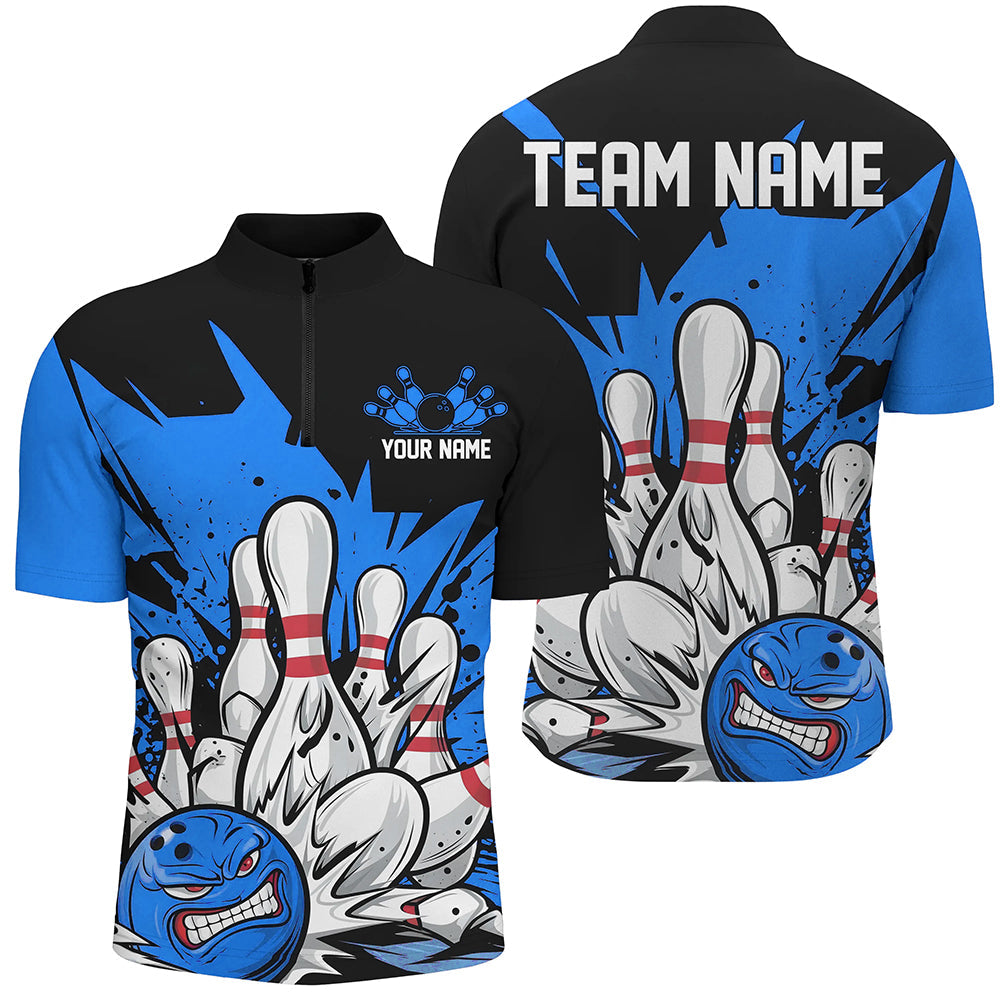 Black And Blue Custom Funny Bowling Shirts For Men, Angry Bowling Ball Bowling Team Uniform IPHW7535