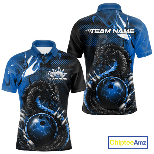 Custom Black And Blue Dragon Bowling Jerseys, Dragon Bowling Team Men Polo Shirt IPHW10268