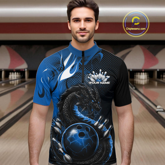 Custom Black And Blue Dragon Bowling Jerseys, Dragon Bowling Team Men Quarter-Zip Shirt IPHW10268