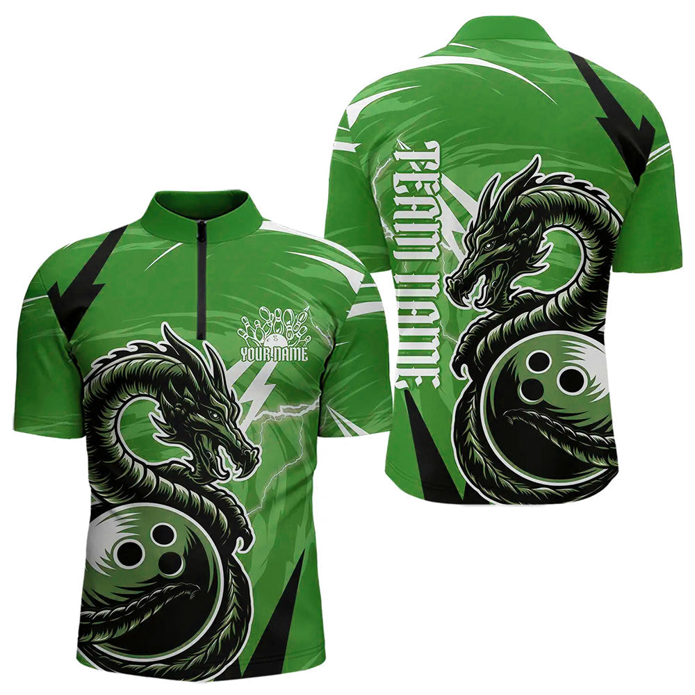 Custom Black And Green Thunder Lightning Dragon Bowling Jerseys Bowling Quarter-Zip Shirts For Men IPHW8660
