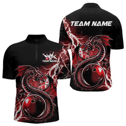 Custom Black And Red Thunder Lightning Dragon Bowling Quarter-Zip Shirts For Men, Bowlers Outfits IPHW8662