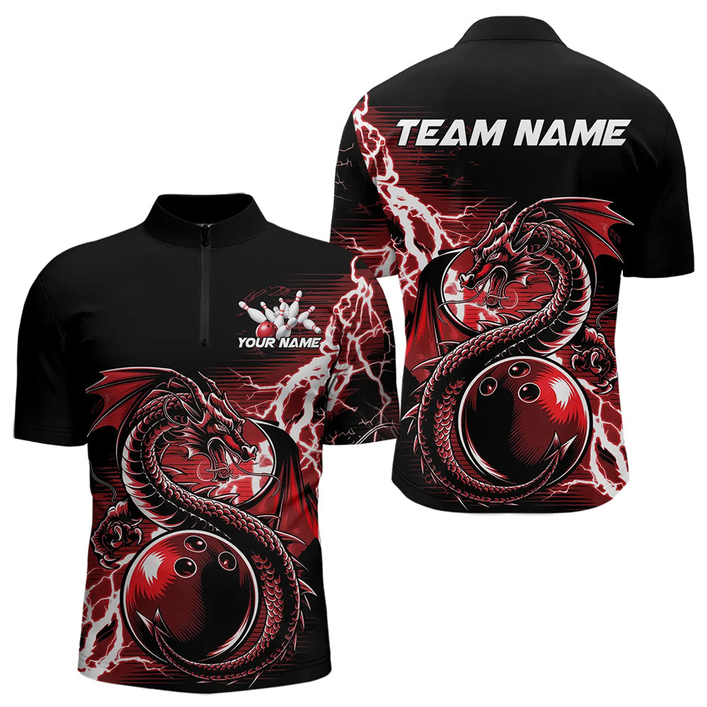 Custom Black And Red Thunder Lightning Dragon Bowling Quarter-Zip Shirts For Men, Bowlers Outfits IPHW8662