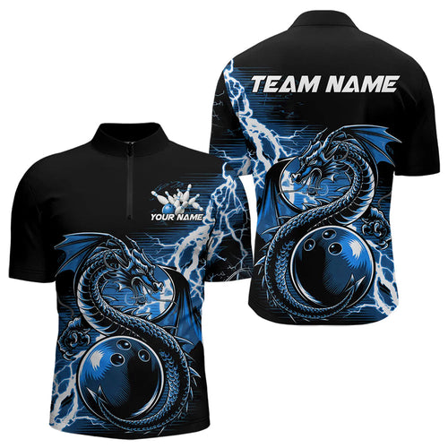 Custom Black And Blue Thunder Lightning Dragon Bowling Quarter-Zip Shirts For Men, Bowlers Outfits IPHW8663