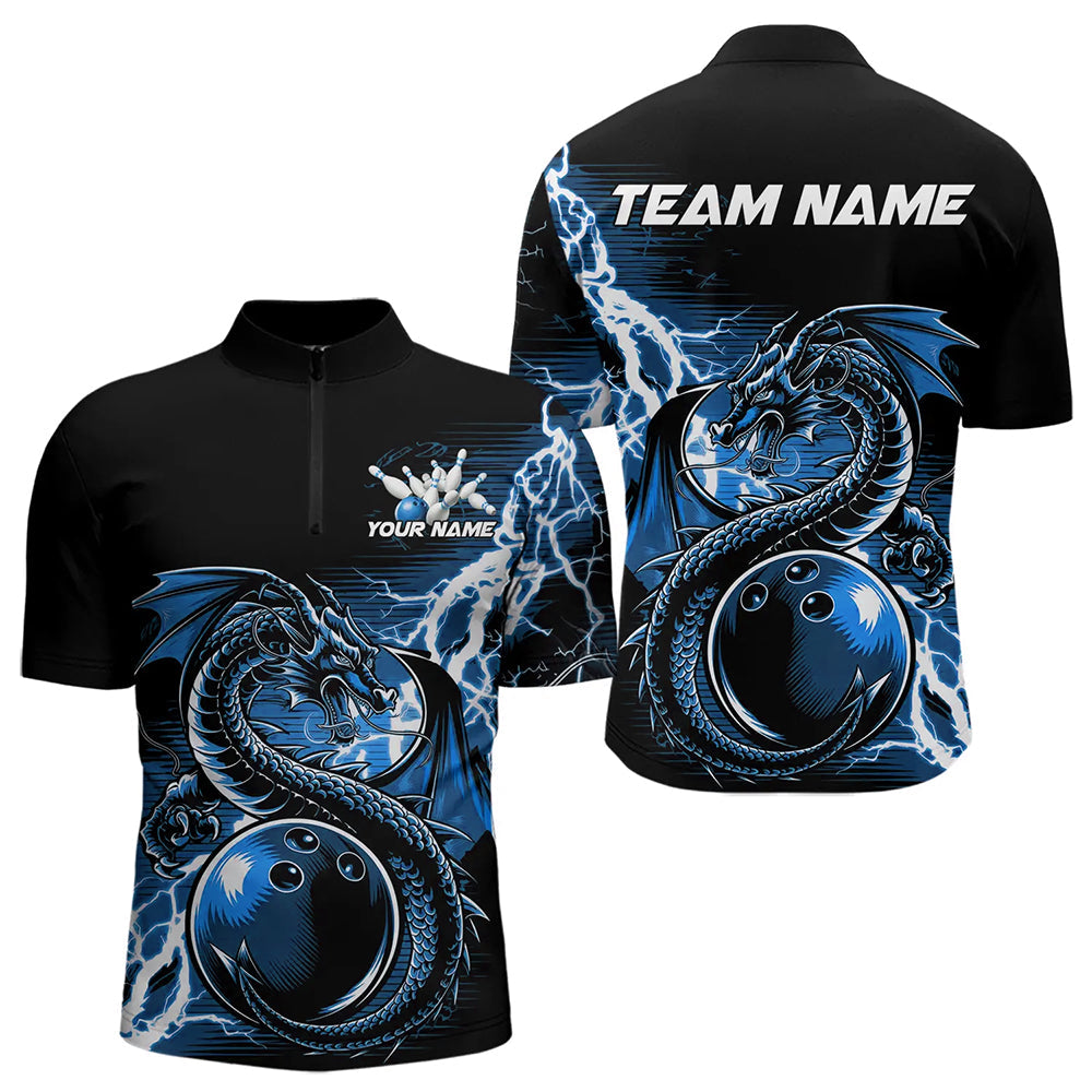 Custom Black And Blue Thunder Lightning Dragon Bowling Quarter-Zip Shirts For Men, Bowlers Outfits IPHW8663
