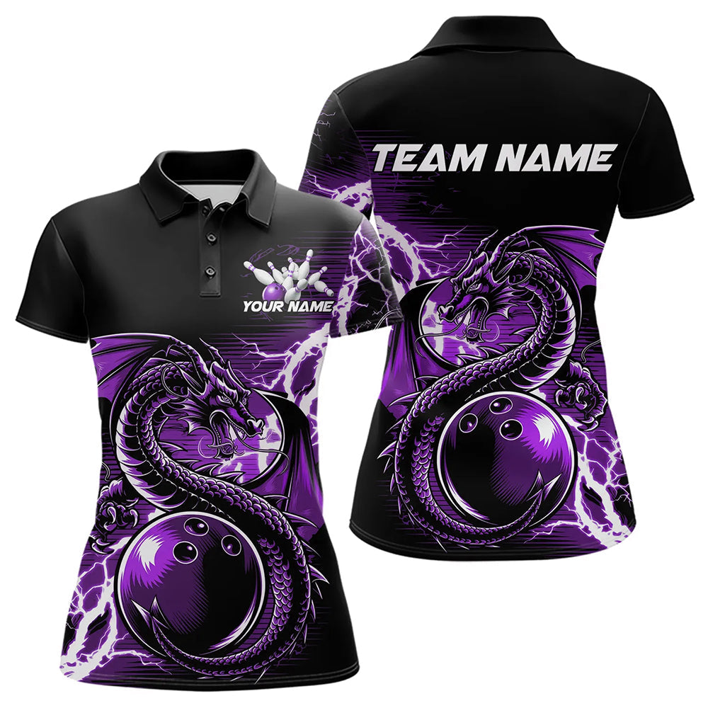 Custom Black And Purple Thunder Lightning Dragon Bowling  Womens Polo Shirt, Bowlers Outfit IPHW8664