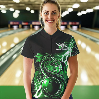 Custom Black And Green Thunder Lightning Dragon Bowling  Womens Quarter-Zip Shirts IPHW8665