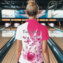 Load image into Gallery viewer, Back view of a female model wearing a white and pink bowling polo with butterfly graphics and bowling-themed artwork