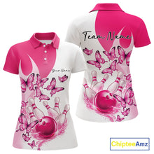 Load image into Gallery viewer, Custom White And Pink Butterfly Women Bowling Polo Shirts, Ladies Bowling League Shirt IPHW11336