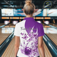 Load image into Gallery viewer, Back view of a female model wearing a white and purple bowling polo with butterfly graphics and bowling artwork