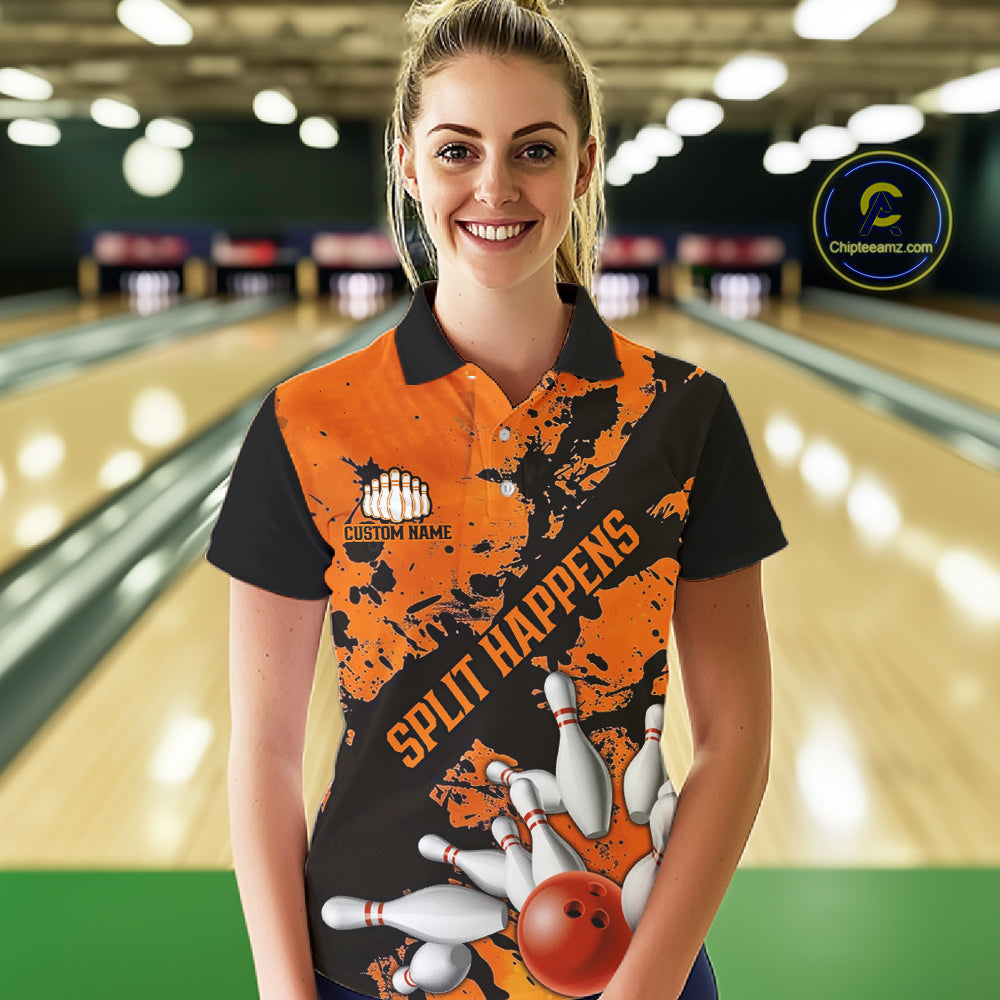 Split Happens Funny Orange Strike Bowling Women Polo Shirts For Team, Bowling Apparel IPHW6171