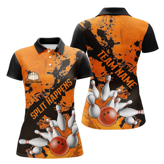 Split Happens Funny Orange Strike Bowling Women Polo Shirts For Team, Bowling Apparel IPHW6171
