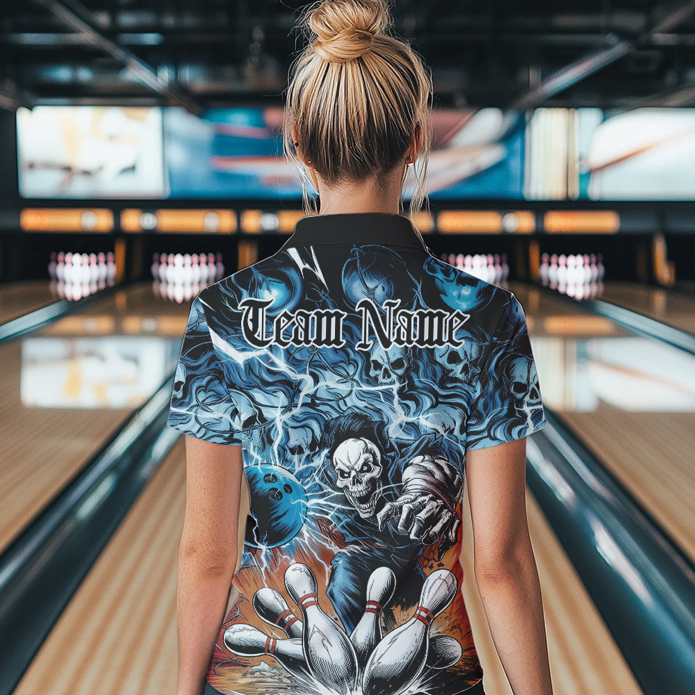 Custom Rock Style Skull Bowling Polo Shirts For Women, Funny Skeleton Bowlers Outfit IPHW8934