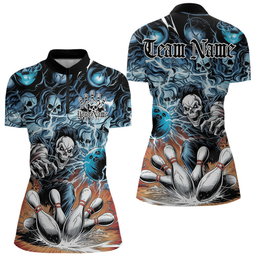 Custom Rock Style Skull Bowling Quarter-Zip Shirts For Women, Funny Skeleton Bowlers Outfit IPHW8934