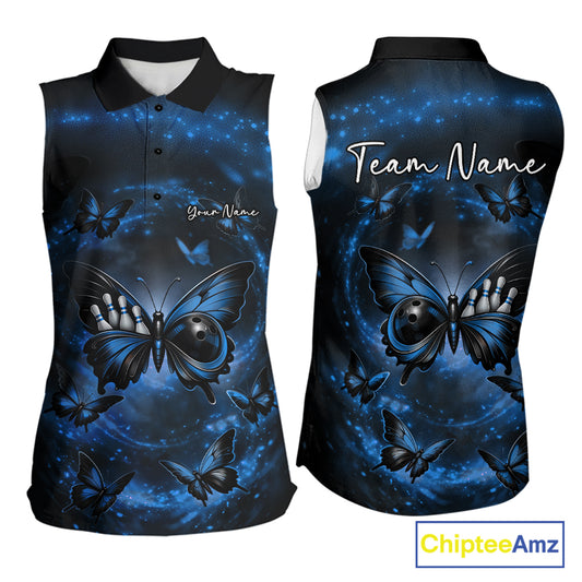 Women’s sleeveless bowling shirt shown front and back with a blue and black butterfly motif featuring a bowling ball body and misty smoke accents.