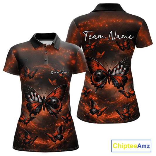 Front and back mockup of a women’s bowling polo shirt featuring an orange and black butterfly with a bowling ball body against a smoky backdrop.