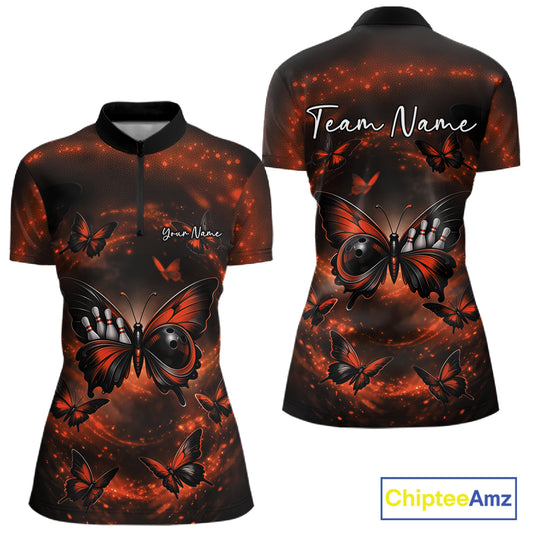 Front and back view of a women’s bowling quarter-zip shirt showcasing an orange and black butterfly with a bowling ball body against a smoky backdrop.