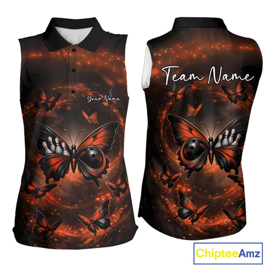Women’s sleeveless bowling shirt displayed from both sides with an orange and black butterfly artwork incorporating a bowling ball body and smoke effects.