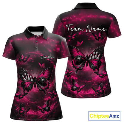 Front and back view of a women’s bowling polo shirt featuring a pink and black butterfly with a bowling ball body on a smoky background.