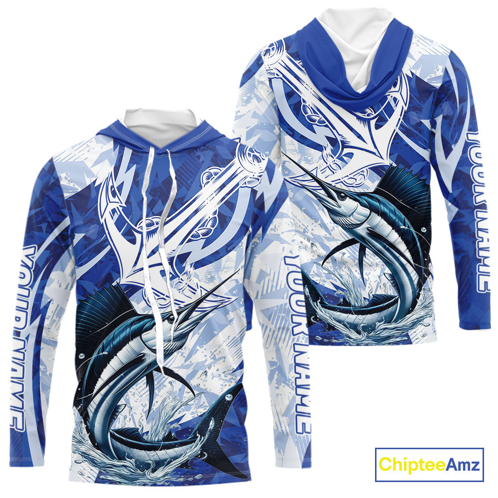 Blue Camo Anchor Custom Sailfish Saltwater Long Sleeve Hooded Performance Fishing Shirts IPHW9181