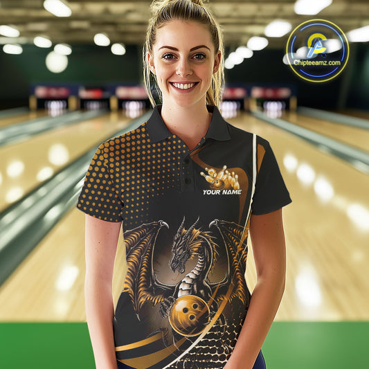 Custom Yellow Dragon Bowling Jerseys, Mystical Bowling Team Uniform Polo Shirts For Women IPHW9535