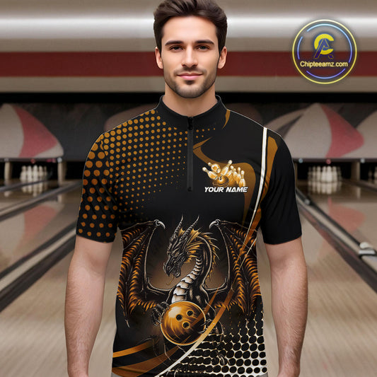 Custom Yellow Dragon Bowling Jerseys, Mystical Bowling Team Uniform Quarter-Zip Shirts For Men IPHW9535