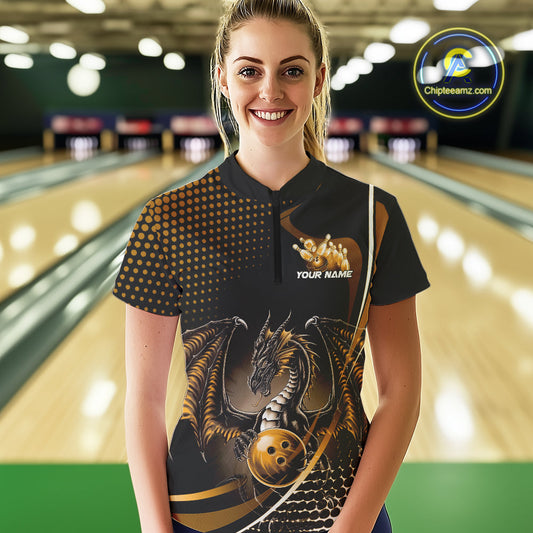 Custom Yellow Dragon Bowling Jersey, Bowling Team Uniform Women Quarter-Zip Shirt IPHW9535
