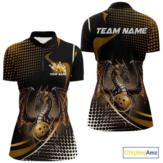 Custom Yellow Dragon Bowling Jersey, Bowling Team Uniform Women Quarter-Zip Shirt IPHW9535
